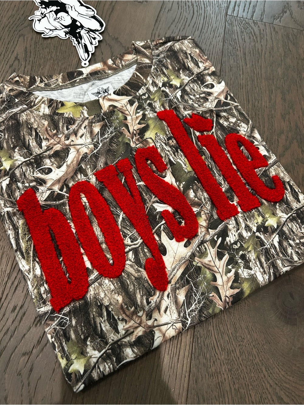 Boys Lie Women's Short Sleeve Tee — Ivory and Charcoal Tie-Dye with Red Logo